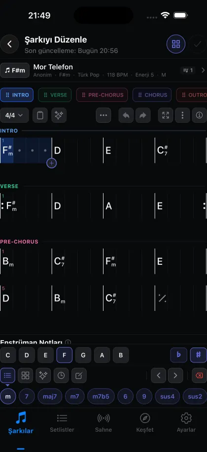 Chords Only editor with the bar grid and the chord palette