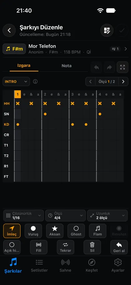 Drum editor with the step grid and the drum tools