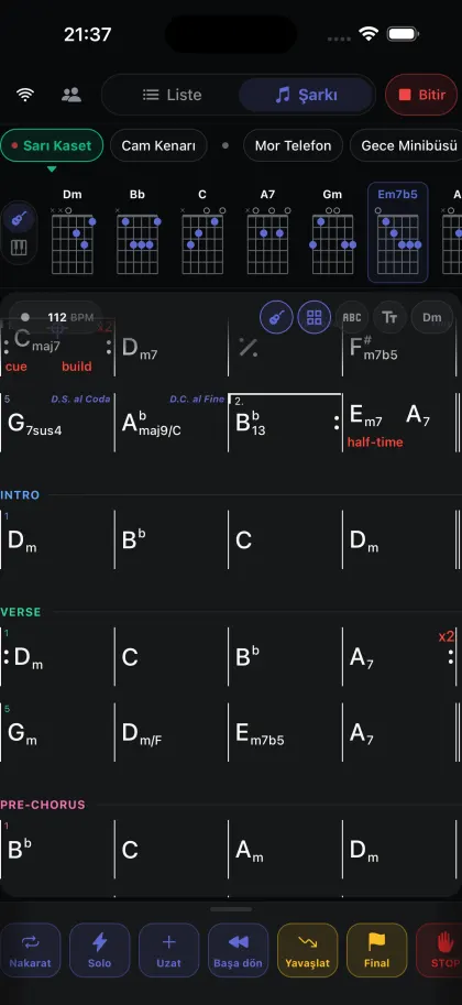 Live screen with the chord chart and the cue buttons