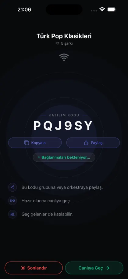 Stage lobby showing the join code PQJ9SY
