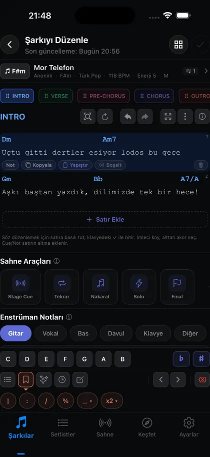 Lyrics + Chords editor with chords above the lines and the stage tools