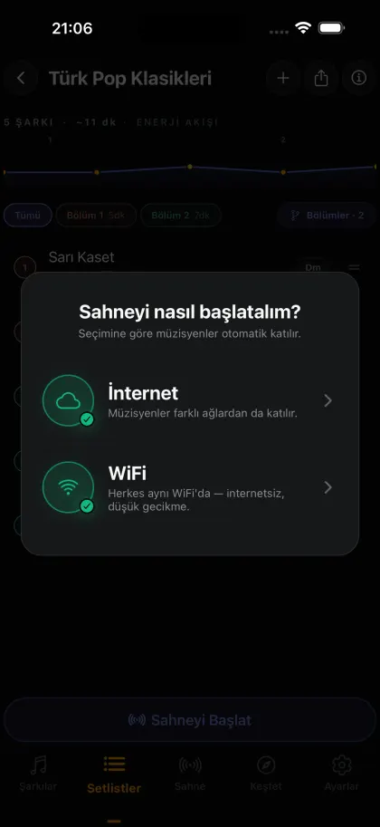 Start stage dialog with the Internet and WiFi options