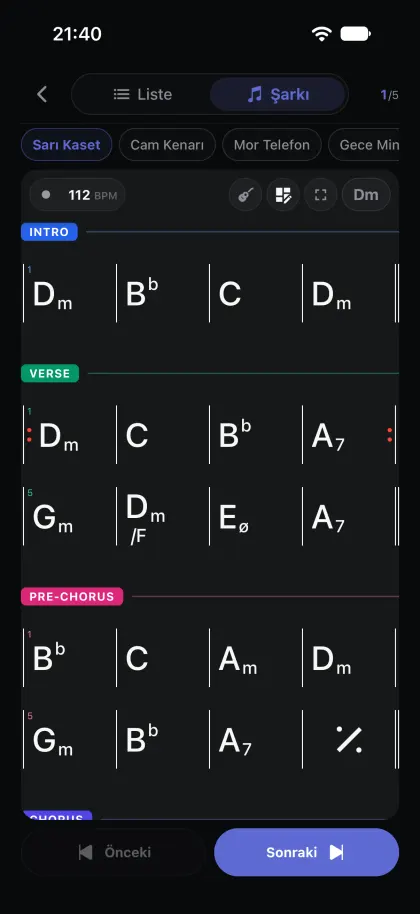 Solo Stage showing a song with the metronome and Previous / Next buttons
